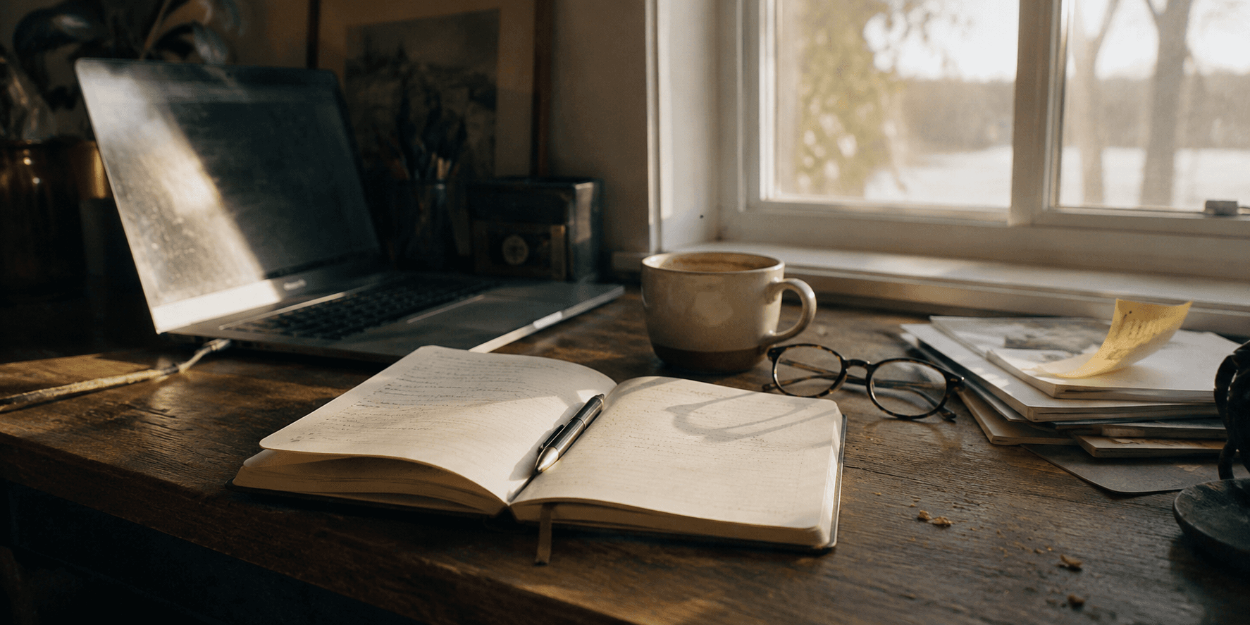 A lived-in home-office desk in late-afternoon window light — laptop pushed aside, open notebook with a pen, half-finished coffee