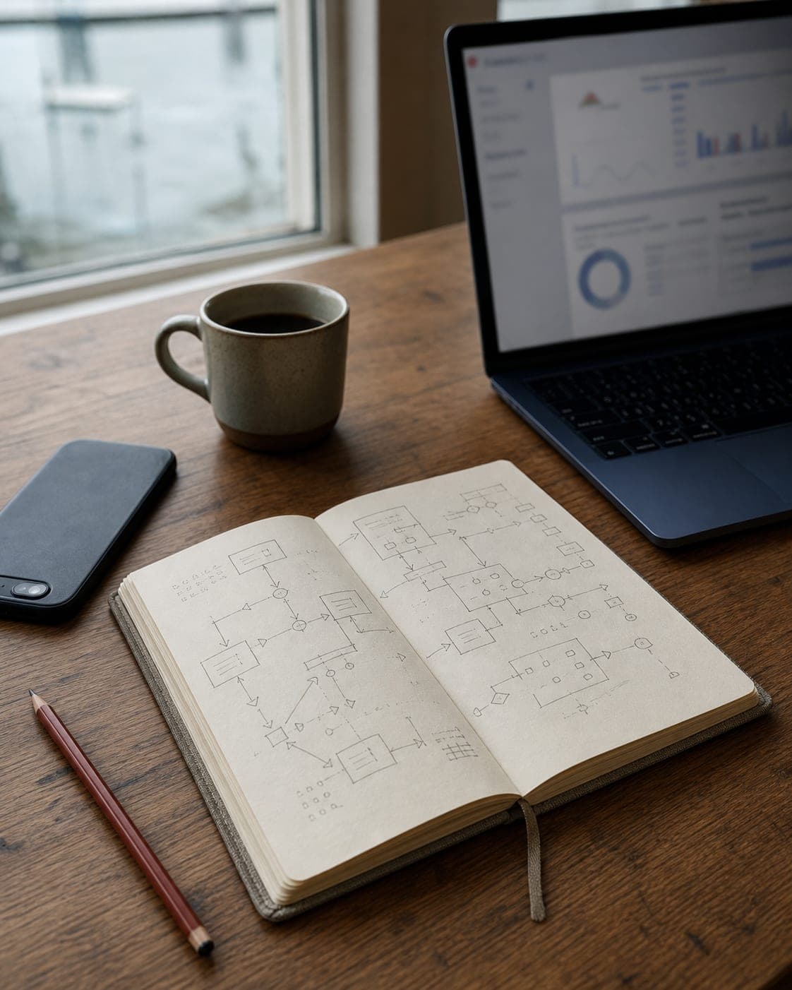 A hand-sketched workflow diagram in an open notebook on the AI Set Up desk
